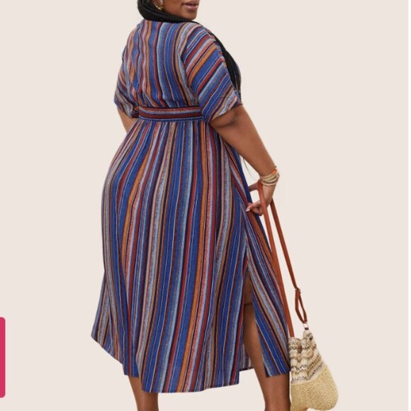 BloomChic Striped Contrast Dolman Sleeve Shirred Pocket Split Flutter Dress 6XL - Picture 2 of 5